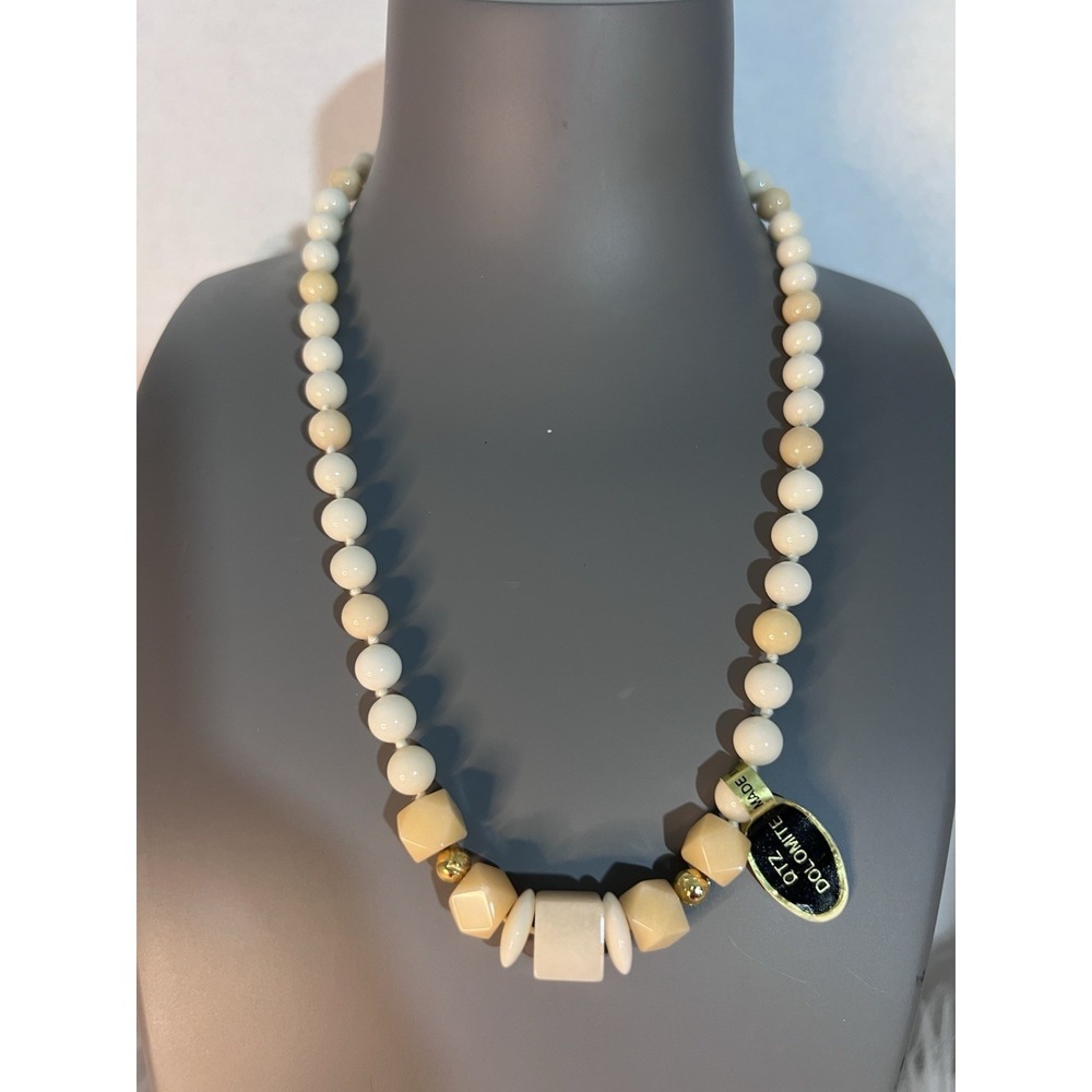 Vintage QTZ Dolomite Beaded Necklace Cream Tan 1980s Gold Plated Elegant Gift